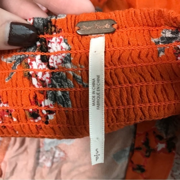 Free People Close To You Orange Floral Puff Sleeve Smocked Top Shirt Small - Picture 6 of 6